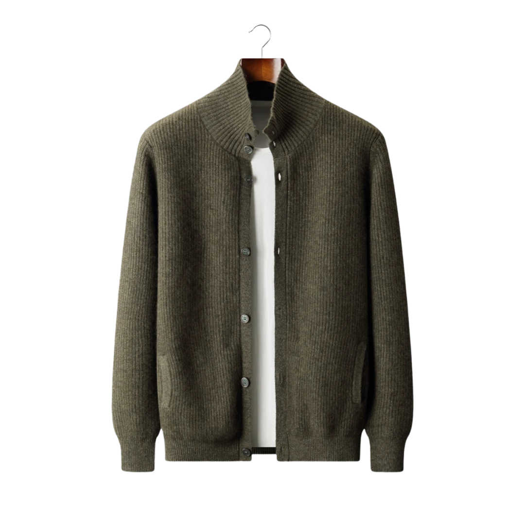 CARDIGAN À COL HAUT ET COUDES EN CASHMERE 100 %